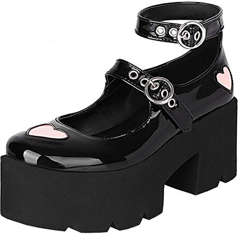 Etebella Damen Gothic Plateau High Heels Pumps Mary Jane Lack Halbschuhe mit Riemchen und Blockabsatz(Schwarz,40)