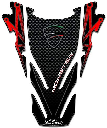 Resin Bike Adesivi Moto Compatibile con Ducati Monster. Protezione Paraserbatoio da Urti e Graffi. Adesivo 3D Resinato per Serbatoio Moto - Effetto Carbonio e Rosso
