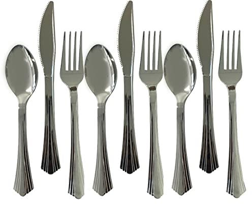 18 PC Metallic Silver PLASTIC Cutlery Set colour Tableware Dinnerware Flatware Forks Spoons Knife Party Wedding Dessert Picnic BBQ Christmas Catering Reusable Garden Strong Kitchen Crockery
