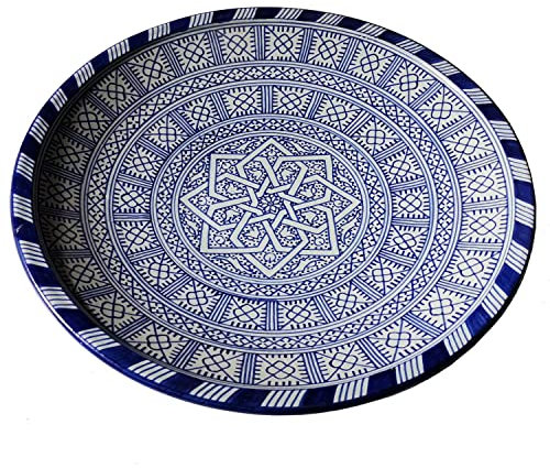 Casa Moro Handbemalte Keramik-Schale F043 mit Ø 34cm aus Marokko | Orientalischer Deko-Teller in blau weiß | KSF043