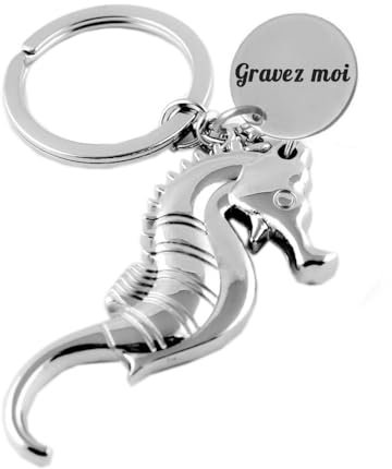 Porte-clés Hippocampe Cheval De Mer Argenté Gravure Personnalisée Sur Médaille