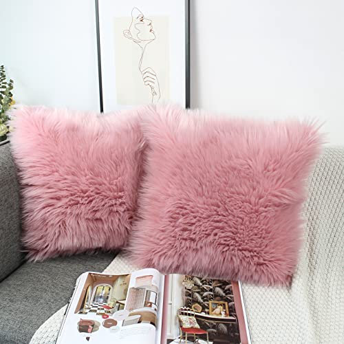OYIMUA Lot de 2 Housses de Coussin décoratives Douces en Fourrure d'agneau synthétique à Poils Longs - pour canapé (Rose Poudré, 45 x 45 cm)