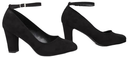 Bismaa Womens Unisex Buckle Ankle Strap Mid Block Heel Shoes Plus Size 9 10 11 12 (Black Suede, Numeric_11)