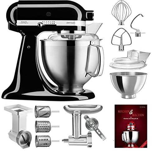 KitchenAid Küchenmaschine Artisan - P23 Vario Set Deluxe 185er (AM) - 5KSM185PSEOB inkl. Gemüseschneider (MVSA), Fleischwolf Ganzmetall (5KSMMGA) und Kochbuch (Kochen & Backen)