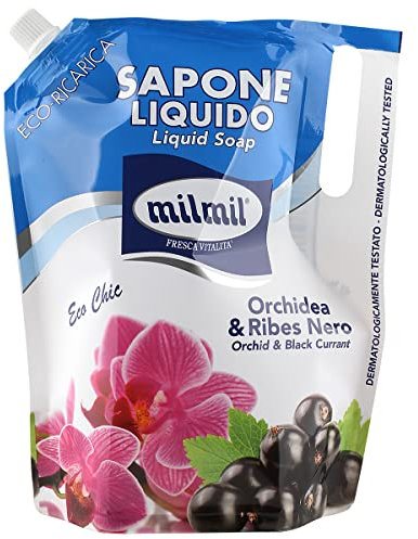 Milmil Sapone Liquido Eco Chic, Fragranza Orchidea & Ribes Nero, Formato Ricarica Busta, Sapone Mani, Viso e Corpo, Dermatologicamente Testato - 900 ML