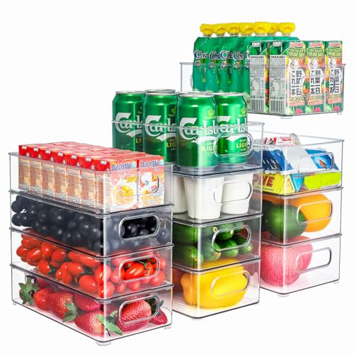 THLEITE Kühlschrank Organizer Stapelbar 12er Set (3 Größe), Hochwertig Speisekammer Vorratsbehälter mit Griff, Durchsichtig Aufbewahrungsbox, ideal für Küchen, Kühlschrank, Schränke - BPA Frei