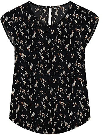 TASAMO Woman Shirts Basic Chiffon Round Neck Keyhole Back Pleated Casual Cap Sleeves Tee(Medium, Leaves- Black)