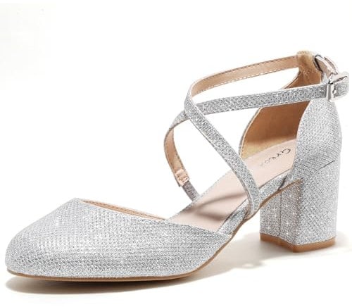 Greatonu Damen Pumps Riemchenpumps Spangenpumps Sandale mit Kreuz Knöchelriemen Blockabsatz Geschlossener Spitze Glitzer Pumps - Perfekt für Hochzeiten und Partys Silber Glitzer 36 EU