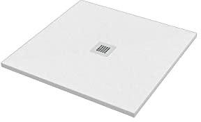 ERCOS Plato de ducha de mármol de 900 x 900 mm, diseño moderno efecto piedra, color blanco mate - Plato de ducha ultrafino