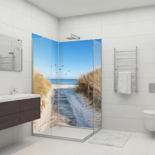 Dedeco 2x Premium Bad Duschrückwand mit Motiv: Nordsee V1, 90x210cm, wasserfest, hochwertig fugenlose Wandverkleidung aus 3mm-Alu-Verbundplatte, Fliesenersatz ohne Bohren, Made in Germany