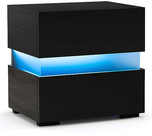 COSTWAY LED Bedside Table, High Gloss Smart Nightstand End Sofa Side Table with 2 Drawers, 20 Adjustable RGB Light Colors and Remote Control, Modern Accent Tea Table for Bedroom Living Room (1, Black)
