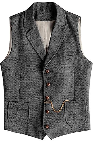 Tuikayoo Herren Western Herringbone Tweed Anzug Weste Wolle Slim Fit Weste (Grau,L)