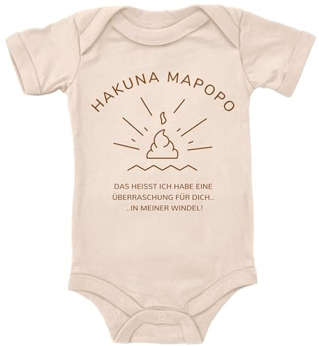 Blauer-Storch Baby Body in Natur Hakuna Mapopo! Ich habe eine Überraschung für dich in meiner Windel Lustiger Spruch zur Geburt für Kleinkind Kurzarm Bio Baumwolle