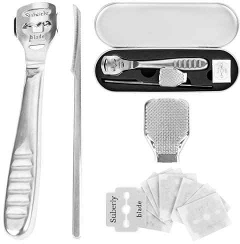 Hornhauthobel Fußschaber,Professioneller Fußschaber Fußfeile Hornhautentferner, Edelstahl Fußraspel Harte Haut Ferse Hornhautentfernung Pediküre Set für Füße Fußpflege mit 10 Ersatzklingen Silber