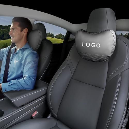 TOPABYTE Auto Kopfstützenkissen 2 PCS Echtes Nappaleder Auto Nackenkissen für Tesla Model Y Model 3 Highland Model X Model S Cybertruck Zubehör, Tesla-Sitz-Kopfstützenkissen für Reisen, Schwarz