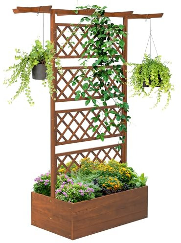 Outsunny Jardinière en Bois avec Treillis, Parterre de Jardin surélevé, Brise-Vue pour cultiver des légumes, des Herbes et des Fleurs pour Jardin, Patio, terrasse, Orange