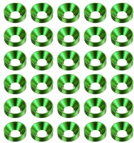sourcing map 30 Stück Senkkopf-Unterlegscheiben M4, eloxierte Aluminiumlegierung, Finish-Unterlegscheiben, Schraubendichtungen für mechanische Zubehörteile, grün