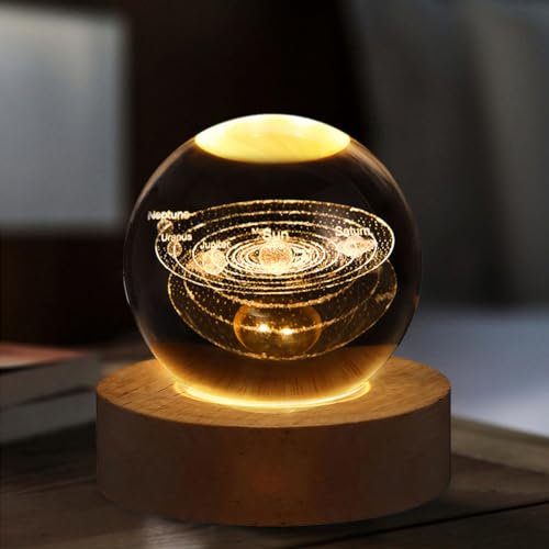 Starnearby 3D Kristallkugel Nachtlicht, 60mm Glaskugel Lampe mit Holzsockel, Sonnensystem Kristallkugel Planeten Lampe, Astronomie Geschenk für Mutter, Kinder, Freundin (Sonnensystem Lampe)