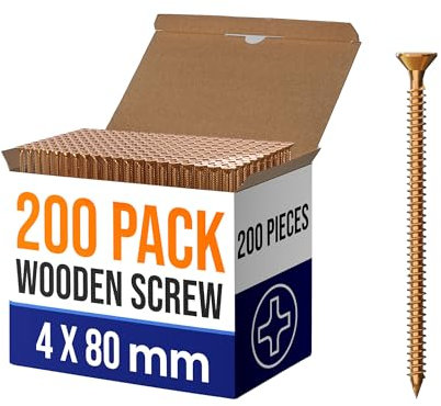 Wood Screws 200Pcs 4 x 80mm - Zinc-Plated Extra Strong Countersunk Pozi Drive Head Wood Screw Set – For Floorboard,Wood Fences, Large Screw Set