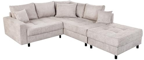 Riess Ambiente Modernes Ecksofa Kent 220cm Greige Bouclé inkl. Hocker und Kissen Wohnlandschaft Sofa Couch Couchgarnitur