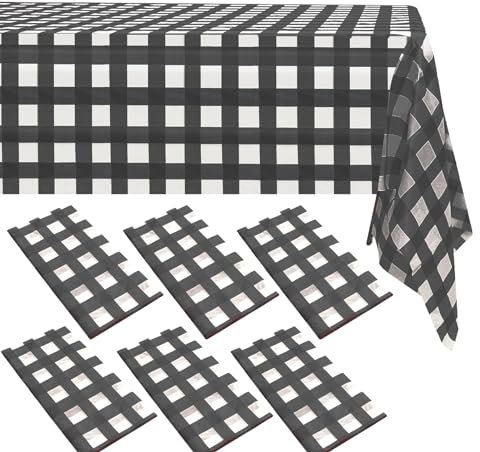 ZeriTlolen 6 Packs Noir Gingham à Carreaux Partie de Nappe de Table 54x108 Pouces Noir en Plastique jetable Partie de Couverture de Table Nappe de Table en Plastique Blanc vêtements