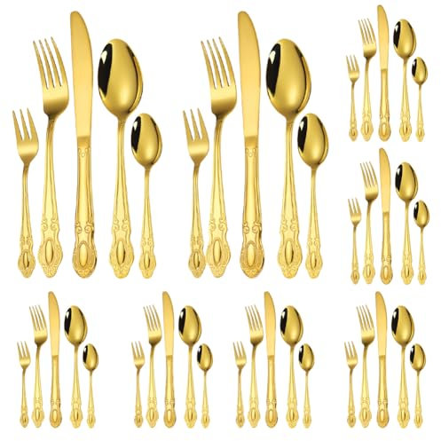 BILLION DUO Golden Cutlery Set 30 Pieces, Stainless Steel Silverware Set Dishwasher Safe & Rustproof, Highly Polished Gold Knife Fork Spoon Set for 6 People