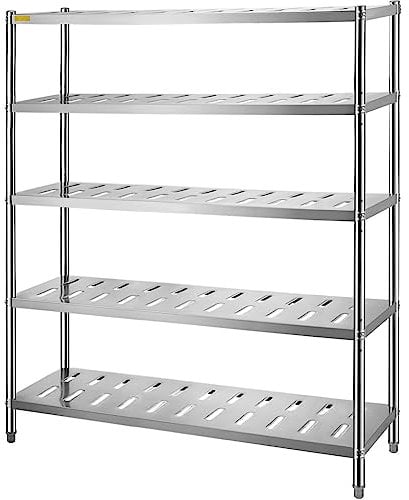 VEVOR Scaffale da garage in acciaio inox, 5 ripiani, 150 x 45 x 180 cm, resistente, capacità totale 299,8 kg, con altezza regolabile e fori di ventilazione, argento