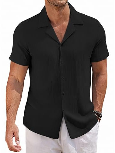 COOFANDY Herren Kurzarm Hemd Kubanischer Sommerhemd Wellenstreifen Freizeithemd Regular Fit Hawaii Hemden Männer Guayabera Shirt Schwarz L