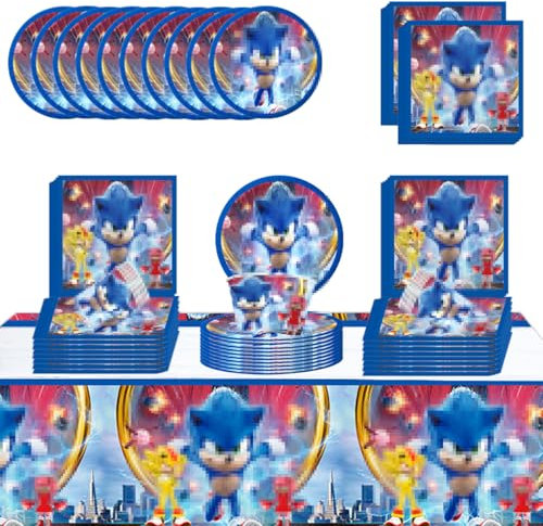 DecPtyTa Stoviglie per Feste di Compleanno sonic,Kit Compleanno sonic Piatti e Bicchieri per feste di compleanno Tovaglioli Tovaglia,Adatto per 20 Persone Decorazioni Compleanno(B1)