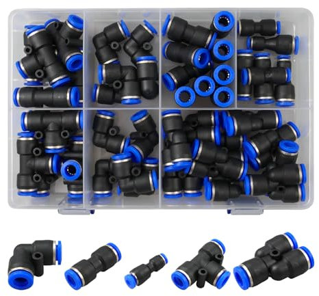 inodiref 46 pezzi Attacchi Rapidi Aria Compressa Connettore Raccordi Rapidi da Pneumatico Aria Spingere In per Collegare Tubo Raccordo (8 mm droit/8 mm coudé/8 T/4-6,4-8,6-8 mm réducteur)