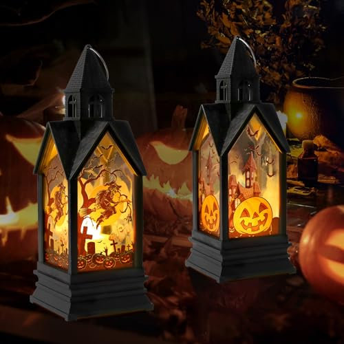 TOKIISHE 2 Pcs Halloween Candle Lantern, Halloween LED Lantern Lights Outdoor Night Light, Halloween Hanging Wind Lamp, Pumpkin Candle Lanterns Decorative Battery Operated for Garden Party Decorations