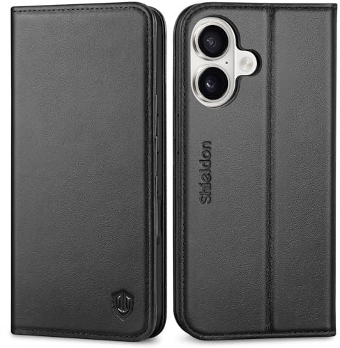 SHIELDON Case for iPhone 16 6.1, Genuine Leather Wallet Case with [Card Holder][Kickstand][RFID Blocking][TPU Shell] Magnetic Shockproof Folio Phone Case Compatible with iPhone 16 5G 2024 - Black