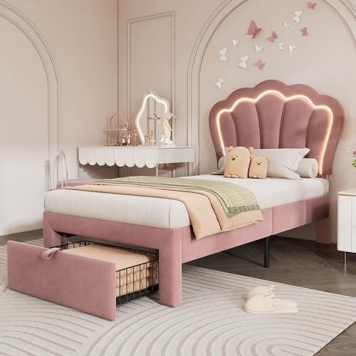 KAZZIO Lettino per bambini 90 x 200 cm, letto singolo a LED con cassetti, con rete a doghe e testiera regolabile, telaio letto per ragazzi in velluto rosa