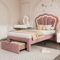 KAZZIO Lettino per bambini 90 x 200 cm, letto singolo a LED con cassetti, con rete a doghe e testiera regolabile, telaio letto per ragazzi in velluto rosa