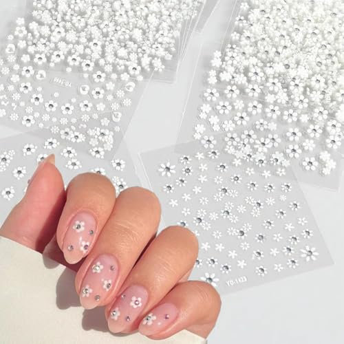 GZMAYUEN 30Pcs Weiße Blume Nagel Aufkleber 3D Selbstklebende Blumen Nagelaufkleber Selbstklebend Nagelsticker Nageldesign Sticker
