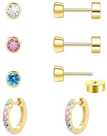 jagosen Flat Back Earrings 9ct Gold Plated Stud Hoop Earrings For Women Girls 4 Pair Cubic Zirconia Hypoallergenic Cartilage Helix Tragus Piercing Screw Back Sleeper Earrings(round)