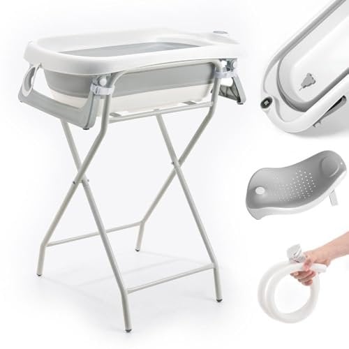 Faltbare Babywanne mit Gestell – XXL Baby Badewanne mit Ständer, Thermometer 2.0, Badesitz & Ablaufsystem – Perfekt für die Dusche – Ab Geburt bis 3 Jahre – Ideal als Baby Geschenk