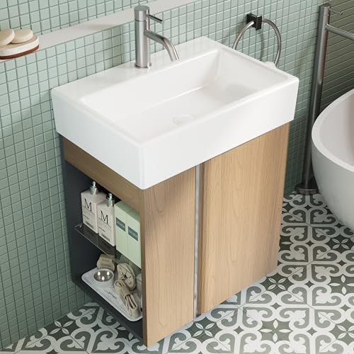 BRIDGE BENO Armario de baño de pared de 50 cm con lavabo de cerámica - Compacto para espacios pequeños (Golden Sand)