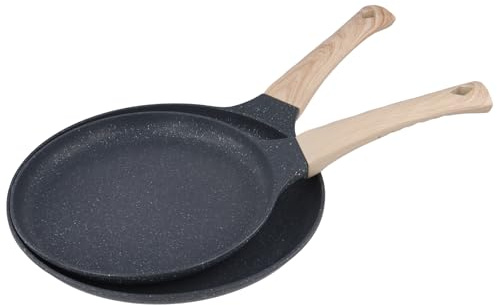 CHUENKUK 2er Set Crepe Pfanne 20 cm und 24 cm, Pancake Flachepfanne Antihaftpfanne mit Holzgriffe für Herden, Induktionskochern