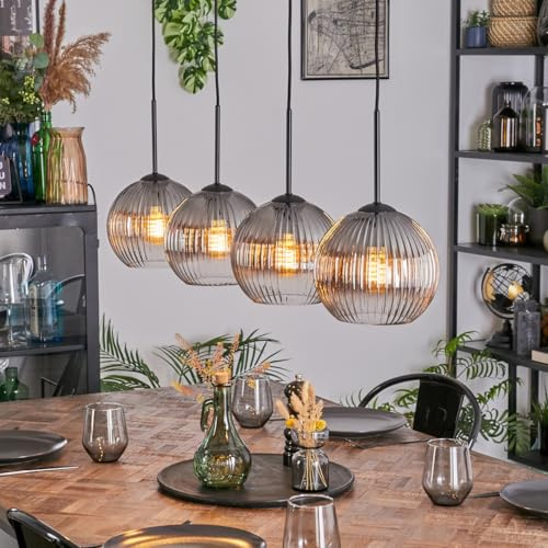 HOFSTEIN Hängeleuchte Koyoto, 4-flammige Hängelampe aus Metall/Riffelglas in Schwarz/Rauch/Klar, moderne Pendelleuchte im Retro/Vintage-Design (Schirme Ø 20 cm), E27, Esszimmer, Küche, Wohnzimmer