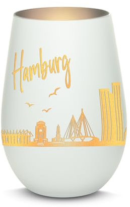 Gravur-Max Windlicht mit 360° Gravur Skyline Hamburg Deko Glaslicht als tolles Geschenk mit Einer hochwertigen Lasergravur zu jedem Anlass in der Farbe Weiß/Silber
