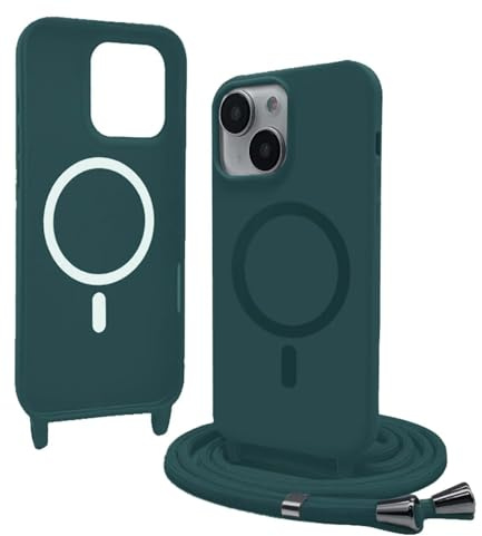 Bigcousin Funda Magnética con Cuerda Compatible con iPhone 14 Plus,Compatible con Magsafe,Silicona Caso con Correa Colgante Ajustable Collar Correa de Cuello Cadena Cordón,Verde