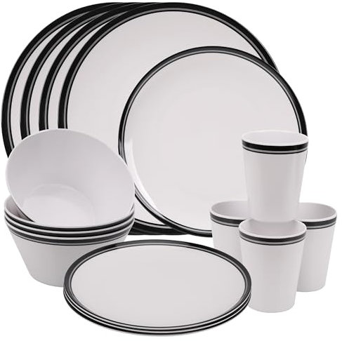 Service de table 16 pièces en mélamine à rayures noires et blanches | Assiettes, assiettes à dessert, bols et tasses | Service pour 4 personnes | Réutilisable et léger | Parfait pour l'intérieur