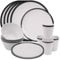 Juego de vajilla de melamina a rayas blancas y negras de 16 piezas | Platos, platos de postre, cuencos y tazas | Servicio para 4 | Reutilizable y ligero | Perfecto para interiores, exteriores, picnics
