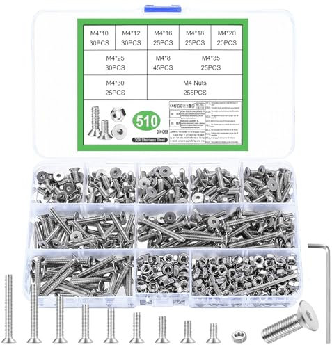 Set di 510 viti M4, dadi a testa svasata, in acciaio inox, viti e dadi, assortimento di viti a testa cilindrica con dadi, set di viti filettate (510 M4)