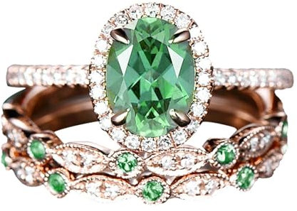 3pcs Vintage Oval Cut Verlobungsring Rose Gold Ring Art Deco Braut Ehering für Frauen Gasbrenner 2 Ringe (A E)