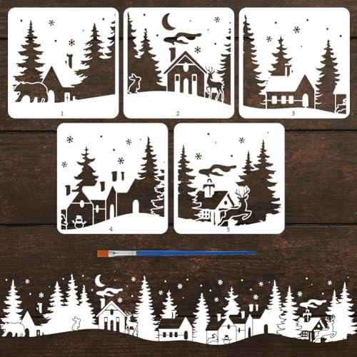 FINGERINSPIRE 5 Styles Pochoirs Maison Forêt D'Hiver Avec Un Pinceau 30x30cm Pochoirs Peinture Village Hivers Pochoir Noël pour Vitre Pet Thèmes D'Hiver Modèle pour Décoration Murale