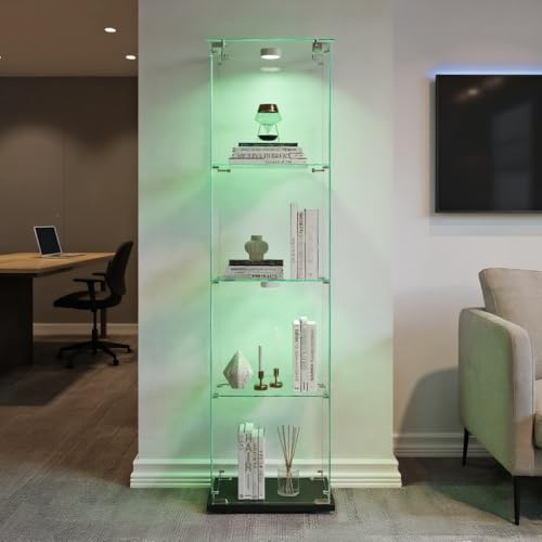 TIMORWTF vitrina de cristal con luces LED, armadura EE vitrina moderna con 4 estantes y puerta, vitrina de pared para colección, dormitorio, salón y comedor, 163 x 40 x 35 cm, color negro