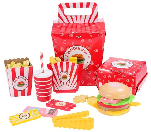 ERINGOGO Realistisches Holz Kinderküche Set mit Hamburger und Pommes Simuliertes Fast Food Kochspielzeug für Rollenspiele Interaktives Lernspielzeug für Kleinkinder und Geburtstagsgeschenk