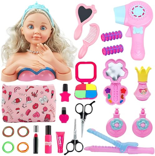 KEORHEZ 23 PCS Frisierkopf Kinder, Schminkkopf für Mädchen – EIN Umfangreiches Set mit Puppenkopf, Kosmetiktasche, Spiegel, Kamm und Mehr – Perfekt für Mädchen